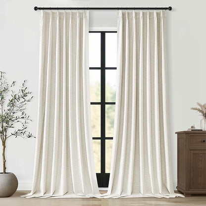Topfinel 105 Inches Long Custom Black Out Faux Thick Linen Drapery Panels, Pinch Pleated Heat Reflective Cream Curtains with Pin Hooks, Luxury Lined Back Tab Drapes 2 Panels for Living Room