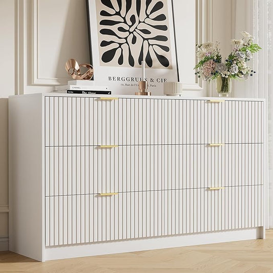 White Dresser for Bedroom, Modern Dresser with 6 Drawers and Smooth Slides, Wide Chest of Drawers with Golden Handles for Bedroom, Living Room, Closet, 15.7" D x 55.1" W x 31.4" H