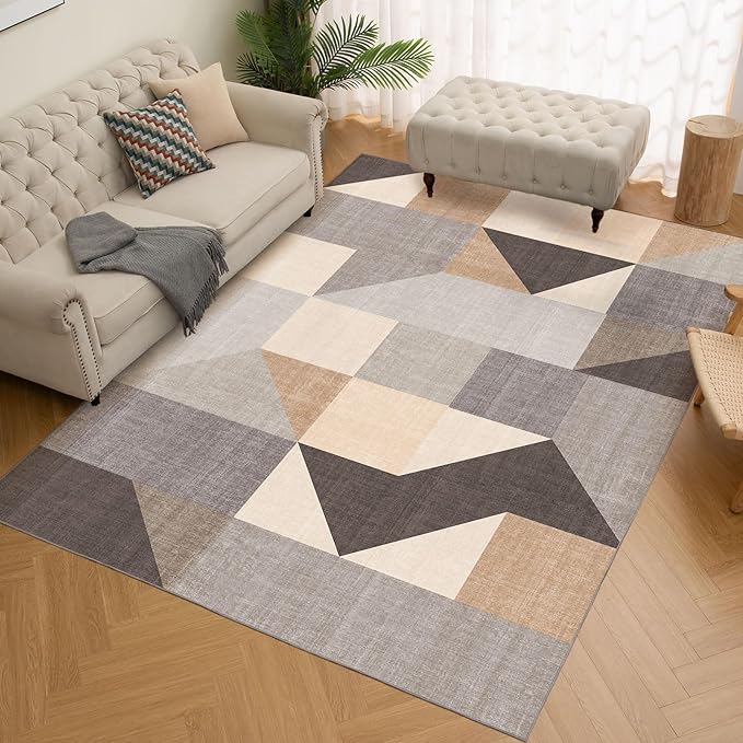 HOMFINE Washable Modern Area Rug - Geometric Style 10x14 Rugs for Living Room, Bedroom, Machine Washable Rug Soft Non Slip Non Shedding Area Rug - Grey Brown, 10'x14'