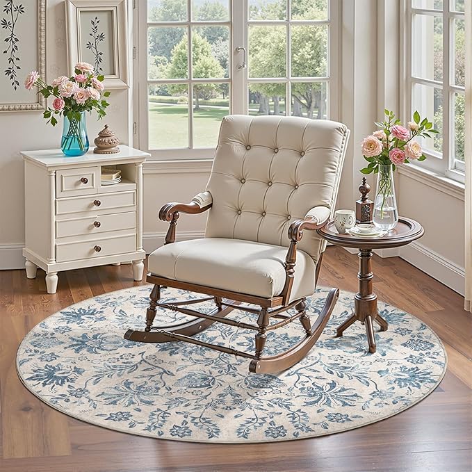 jinchan Torino Classic Floral Round Rug 4ft, Vintage-Inspired Design 4’Circle Rug, Machine Washable Ultra-Thin Low-Pile Non-Slip Indoor Carpet for Bedroom Dining Room Living Room Entryway Dark Blue