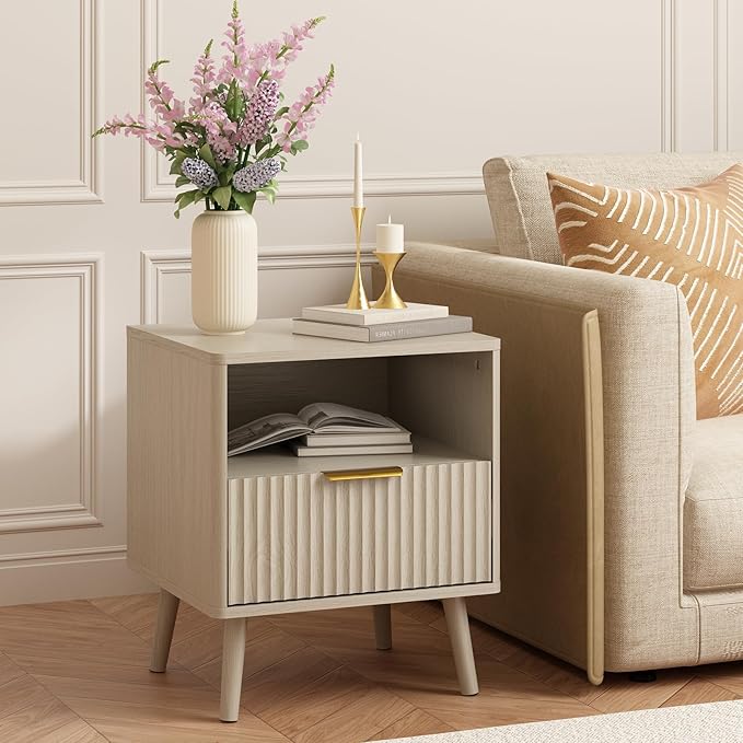 CARPETNAL Fluted Nightstand Set of 2, Beige Bedside Table with Drawer and Storage Shelf, Wood End Table Mid Century Night Stands for Bedroom Living Room