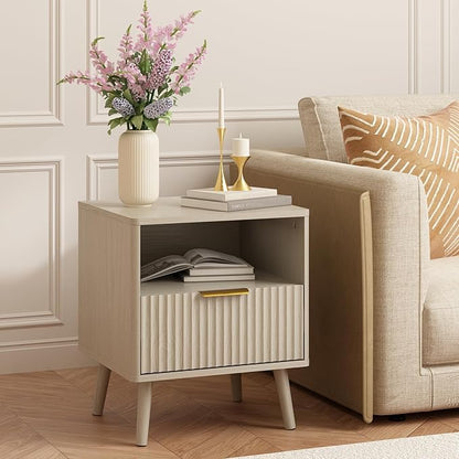 CARPETNAL Fluted Nightstand Set of 2, Beige Bedside Table with Drawer and Storage Shelf, Wood End Table Mid Century Night Stands for Bedroom Living Room