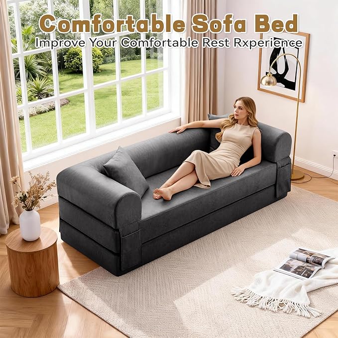 Convertible Folding Sofa Bed,78.5 Inch Faux Leather Futon Couch with Pillows & Storage Pocket,5-in-1 Queen Sleeper Sofa in a Box with Pull Out Bed,Boneless Couch for Living Room Bedroom,Gray