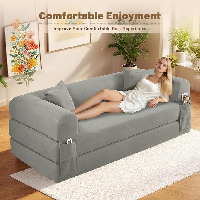 80" Convertible Sofa Bed,Corduroy Folding Sleeper Sofa Bed Queen with Pillows & Storage,Modular Pull Out Couches Boneless Couch for Living Room,Compressed Couch in a Box,Light Gray