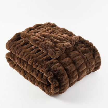 BATTILO HOME Chocolate Brown Faux Fur Throw Blanket for Couch, Double Side Reversible Ruched Rabbit Fur Blanket for Couch, Bed, Super Soft Cozy Warm Mink Blanket, 50x60 Inches