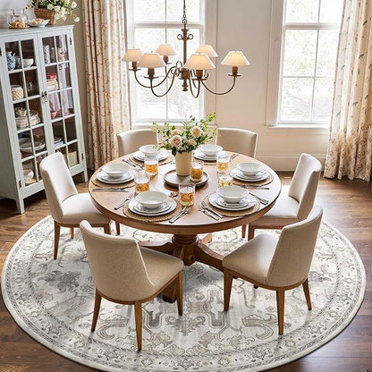 jinchan Round Rug 7ft Area Rug Vintage Floor Mat Kitchen Indoor Ultra-Thin Soft Floral Print Washable Circle 7' Accent for Farmhouse Non Slip Dining Room Living Room Bedroom Office Taupe