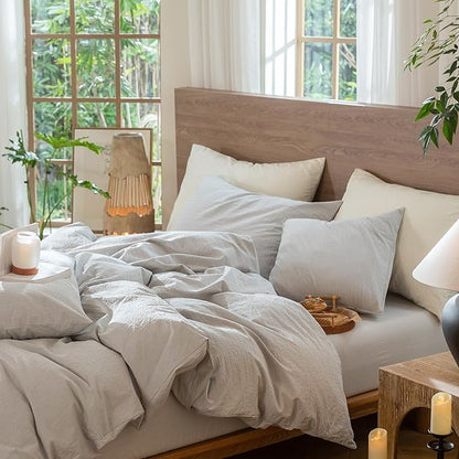 MooMee Wavy Striped Duvet Cover Set 100% Washed Cotton Linen Like Textured Breathable Durable Soft Comfy (Light Grey, Twin 68"x90")