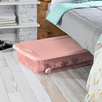 Sterilite 12 Pack Wheeled Under Bed Storage Container, 56 Qt Plastic Bin w/Latching Lid for Organization - Clothes & Shoes Organizer, Pearl Blush Tint