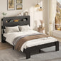 Wooden Bed Frame Full Size with Storage Headboard - Farmhouse Platform Bed Frame with Bookcase Shelf & Led Lights, Sturdy Wood Slat Framework Bed Frame (Black LED)