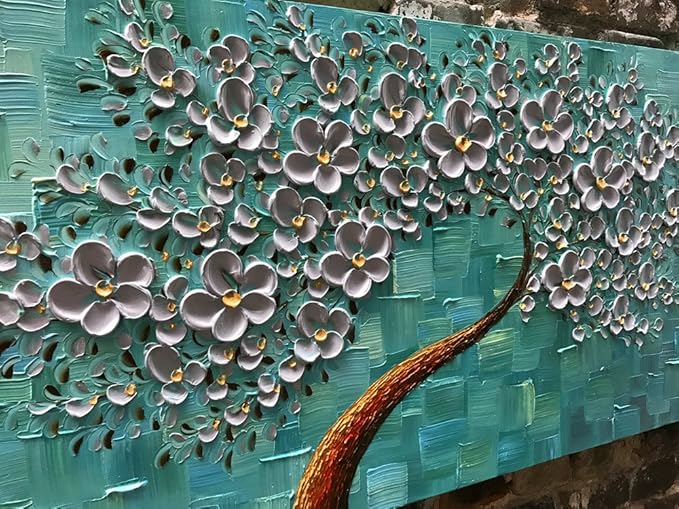 YaSheng Art - 24x60inch Large Wall Art Flowers Oil Painting On Canvas Texture Palette Knife 3D Silver Flowers Tree Paintings Abstract Artwork Canvas Wall Art Home Living Room Decor Painting