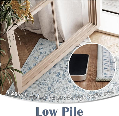 jinchan Lima Hallway Runner Rug 3x10 Washable - Vintage Floral Non Slip Low-Pile Soft Ultra-Thin Faux Wool Kitchen Rug Distressed Carpet Runner for Farmhouse Bedroom Laundry (3x10ft, Blue)