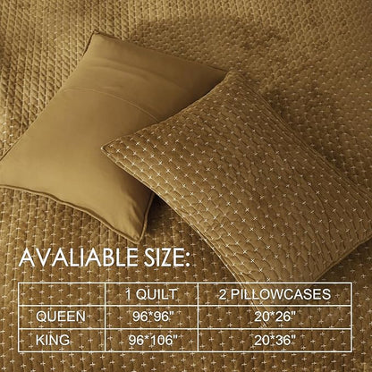 Powdion Velvet Quilt King Size,Bedspread Quilted Bedding Set,Luxurious Soft Coverlet Set Lightweight Velvet Comforter with Pillow Shams Brown, 96x106 Cross Stitch Striped Quilt Set