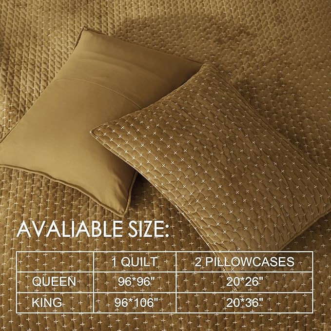 Powdion Velvet Quilt Queen, Oversized Bedspread Quilted Bedding Set, Luxurious Soft Coverlet Set Lightweight Velvet Comforter with 2 Pillow Shams,Brwon, 90x96 Cross Stitch Striped Quilt Queen