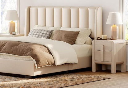 WAMPAT 23.7" Tall Modern Nightstands Set of 2, Wood Nightstand with Charging Station, Bedside Table w/2 Storage Drawers, Curved Profile Design, Sofa Side Table Accent Table for Bedroom, Beige