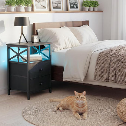 AMHANCIBLE Nightstand with Fast Charging Station, End Table Living Room with USB Charger, Power Outlet, Bed Side Table with Fabric Drawers for Bedroom HET052LBK1