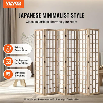 VEVOR Room Divider, 6 Panel Japanese Room Divider, Wood Folding Privacy Screen Indoor, Partition Dividers Portable Decoration Screens, for Room Separation Home Office Restaurant & Bedroom(Natural)