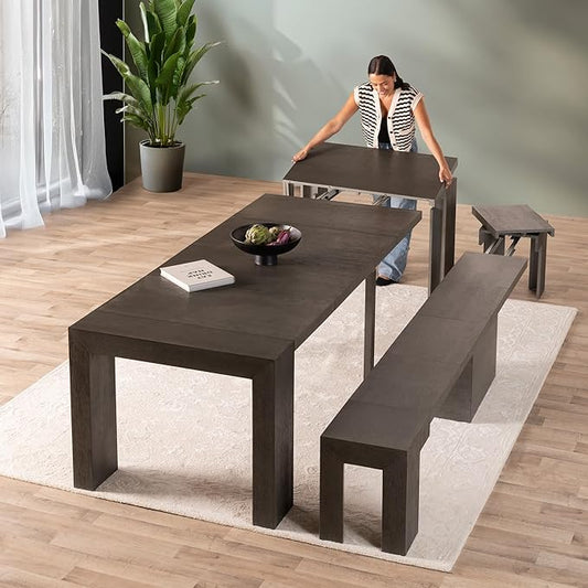 Transformer Table - Solid Wood Extendable Dining Table, Seats 2-12, Extendable Dining Room Table, Space-Saving Furniture, Expandable Dining Furniture (Dark Grey, Table + Bench)