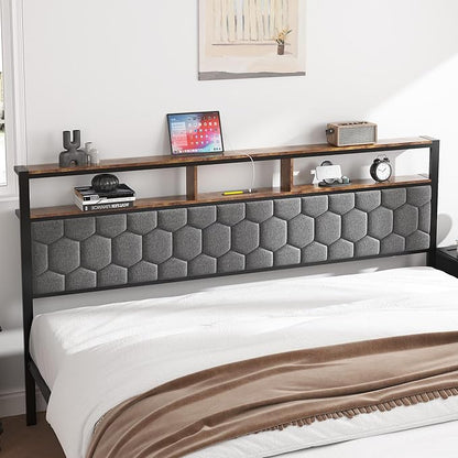 Queen Size Bed Frame with Storage Headboard & Charging Station, Platform Bedframe with LED Lights, Upholstered Headboard, Metal Slat Support, No Box Spring Needed