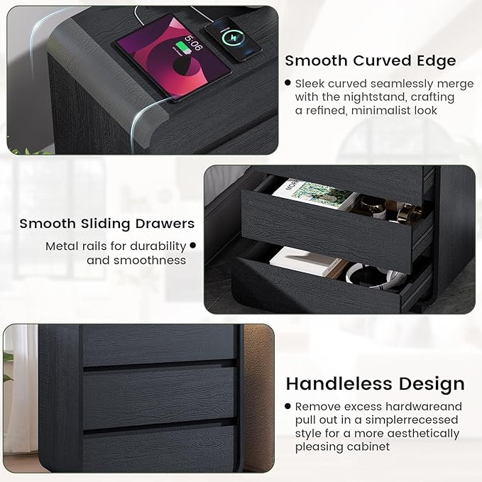 Modern Black Nightstand with Charging Station, 25" Tall Wood Bedside Table, End Table with 3 Storage Drawers, Curved Profile Night Stand for Bedroom, Dorm, Sofa, Office