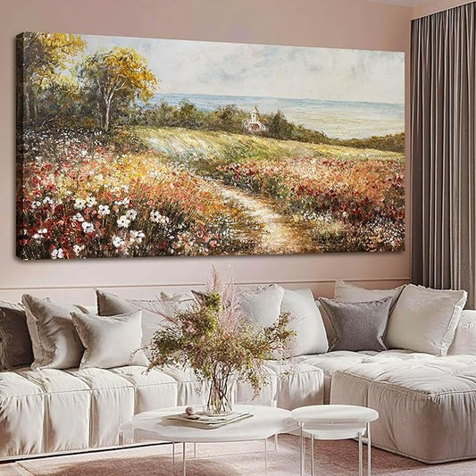 YETHEN WAL Floral Country Meadow Canvas Wall Art – Extra Large Cottage Landscape Panoramic Print, Rustic Farmhouse Countryside Décor for Living Room Bedroom, 29×58 Inch