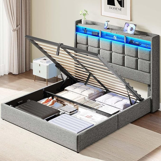 Lift Up Queen Bed Frame with Storage, Upholstered Bed Frame Queen Size with LED Lights Headboard and Charging Station, No Box Spring Needed, Easy Assembly - Light Grey