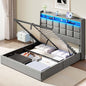 Lift Up Full Size Bed Frame with Storage, Upholstered Full Bed Frame with LED Lights Headboard and Charging Station, No Box Spring Needed, Easy Assembly - Light Grey