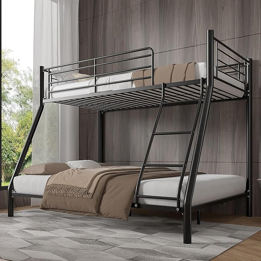 VECELO Bunk Bed Twin Over Full, Metal Bunkbeds with Ladder and Full-Length Guardrail, No Box Spring Needed, Space Saving, Noise Free, Matte Black