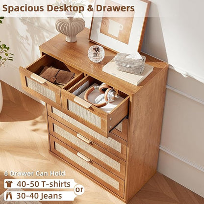 LEYAOYAO Rattan Dresser for Bedroom, 41" Tall Chest of Drawers, Modern 6 Drawers Boho Dressers with Storage, Vintage Brown Dresser Wooden Closet Organizer for Living Room, Hallway