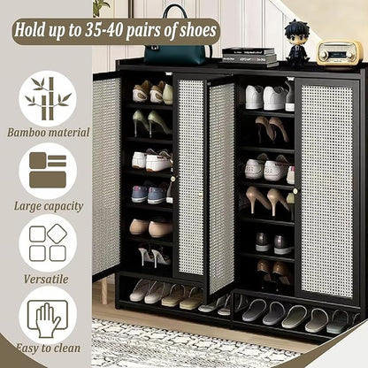 Bamboo Shoe Cabinet, 36-40 Pairs 8 Tier Shoe Rack with Doors, Freestangding Shoe Cabinet Organizer with Shelves, 43" Tall Shoe Rack Organizer for Entryway, Closet, Hallway