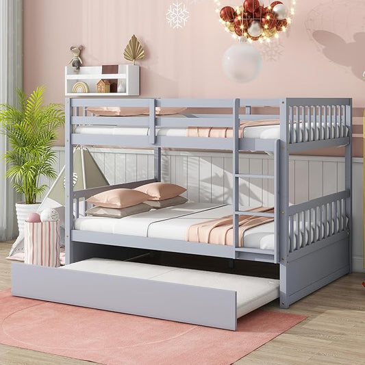 Bellemave Full Over Full Bunk Bed with Trundle,Convertible Bunk Beds with Ladder & Safety Guardrails,Full Size Trundle Bunk Beds for Kids Girls Boys,Light Grey