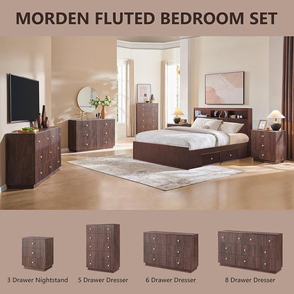 Fluted Night Stand with Charging Station, 21.65" Nightstand with 3 Drawer, 3 Drawer Dresser for Bedroom, Morden End Table Chests of Drawers Bedside Table for Bedroom, Living Room,Brown