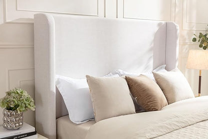 Queen Size Upholstered Platform Bed with 54" Tall Wingback Headboard/Elegant Upholstered Bed Frame Without Wooden Slats/Box Spring Required/Easy Assembly/Textured Ivory Canvas