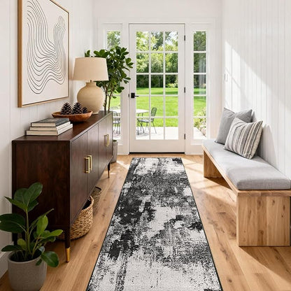 3x6 Kitchen Hallway Runner Rug: Long Washable Rug Runner Non-Slip Indoor Abstract Rugs - Low Pile Soft Floor Runners for Bedroom Living Room Dining Entryway Bathroom Laundry Black White 3x6