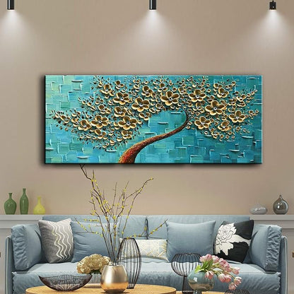 YaSheng Art - 3D Golden Flowers Oil Painting, Oil Painting On Canvas Texture Palette Knife Flowers Tree Paintings Abstract Landscape Artwork Canvas Wall Art Living Room Bedroom Home Decor 24x60inch