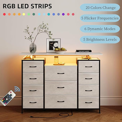 LUMTOK 11 Drawers Dresser with Fabric Drawers,Charging Station, LED Lights and Shelves for Bedroom Storage Organization (Greige)