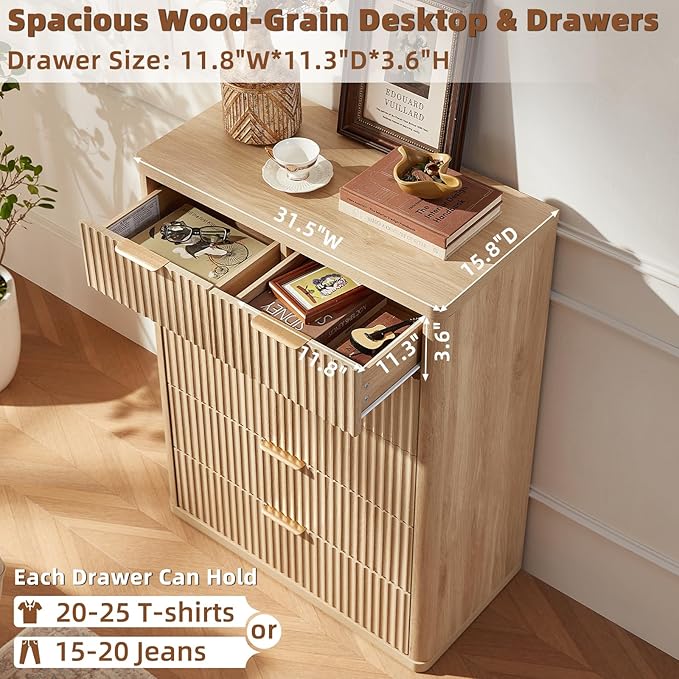 LEYAOYAO Fluted Dressers & Nightstand Set of 3, Wood 48" Wide Dresser & 42" Tall Chest of Drawers,Modern Bedroom Furniture Sets, Natural Wooden Nightstand with 3 Drawers & Charging Station