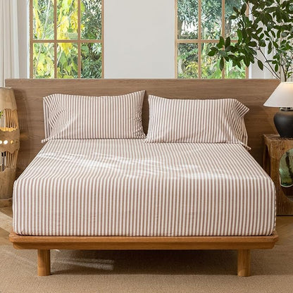 MooMee Striped Fitted Bottom Sheet Only 100% Washed Cotton Linen Like Textured Breathable Durable Soft Comfy Deep Pocket Fits Mattress up to 17" (Orange Classic Stripes, Queen)