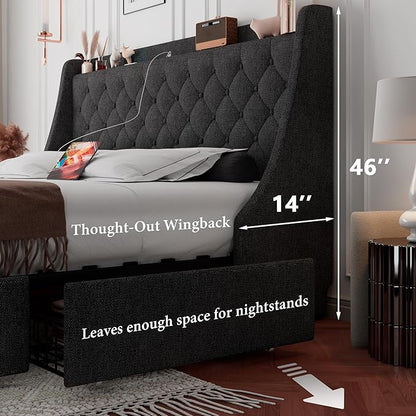 iPormis Full Size Bed Frame with 4 Storage Drawers, Upholstered Platform Bed Frame with Type-C & USB Ports, Wingback Storage Headboard, Solid Wood Slats, No Box Spring Needed, Dark Gray