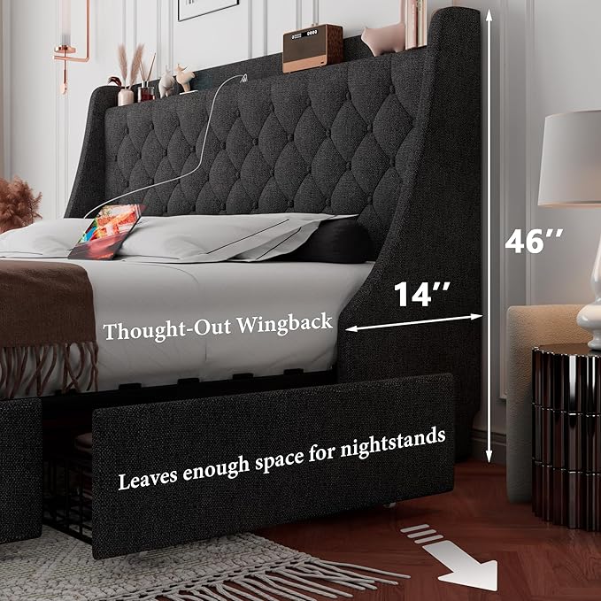 iPormis Queen Bed Frame with 4 Storage Drawers, Upholstered Platform Bed Frame with Type-C & USB Ports, Wingback Storage Headboard, Solid Wood Slats, No Box Spring Needed, Dark Gray