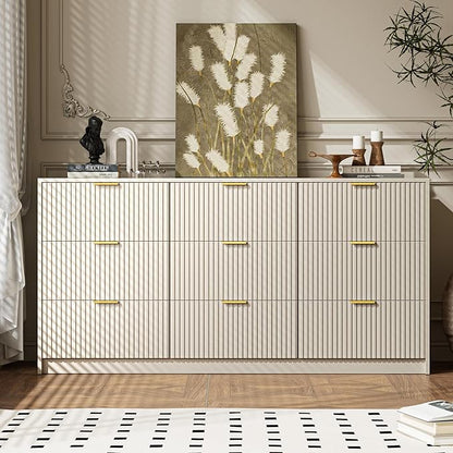Beige 9 Drawer Dresser for Bedroom, 63" Wide Modern Fluted Dresser with Gold Metal Handles, Chest of Drawers for Bedroom, Living Room, Entryway, Hallway