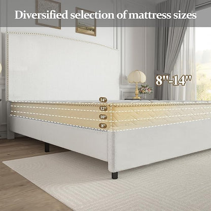Queen Size Bed Frame with Headboard, 56" Upholstered Platform Bed with Nailhead Trim, Soft Boucle Fabric, No Box Spring Needed, Easy Assembly, White