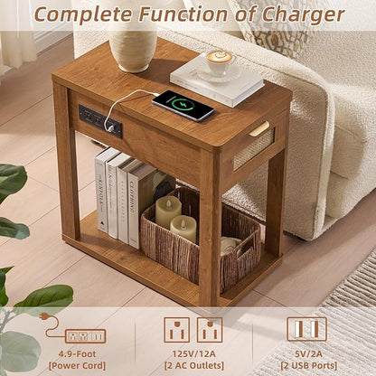 LEYAOYAO Narrow Side Table with Charging Station, 24x14''Rattan Night Stand with Drawer Storage, Brown Bedside End Table with Metel Handle for Small Spaces Wood Boho Nightstand for Living Room Bedroom