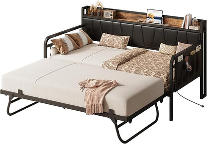LIKIMIO Daybed with Trundle Bed, Twin XL Bed Frame with Storage Headboard and Charging Station, Sofa Day Bed with Strong Supports for Living Room, Bedroom, and Guest Room, Black
