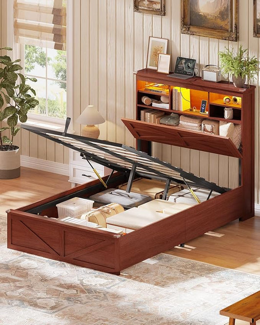 AOGLLATI Farmhouse Twin Bed Frame with Lift Up Storage & Hidden Bookcase Storage Headbord, Wood Bed Frame Twin with Charging Station, Led Lights, No Box Spring Needed, Brown