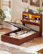 AOGLLATI Farmhouse Twin Bed Frame with Lift Up Storage & Hidden Bookcase Storage Headbord, Wood Bed Frame Twin with Charging Station, Led Lights, No Box Spring Needed, Brown