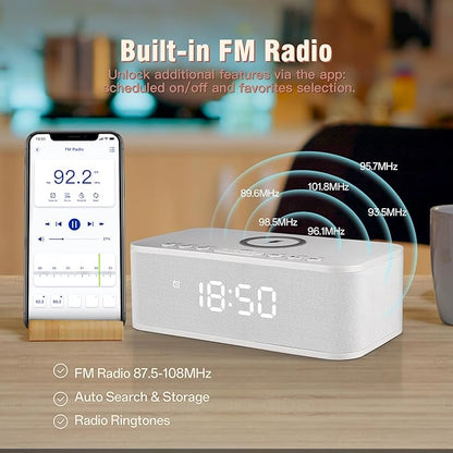 Dual Alarm Clock Radio Bedroom, Digital Alarm Clocks Bedrooms Bluetooth, Up to 10 Bedroom Alarms Clock White Noise 23 Soothing Sounds App/Button Control Snooze 12/24H FM Speaker Charging, White