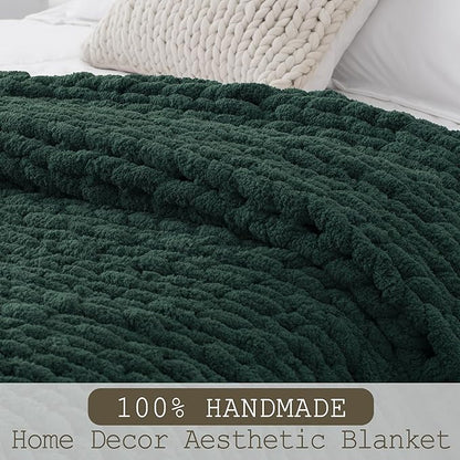 Chunky Knit Throw Blanket 50"X 60", 100% Handmade with Soft Chenille Yarn, 4.4lbs Thick Cable Knitted Blankets, Large Rope Knot Crochet Throws for Couch Sofa Bed Home Decor, Dark Green