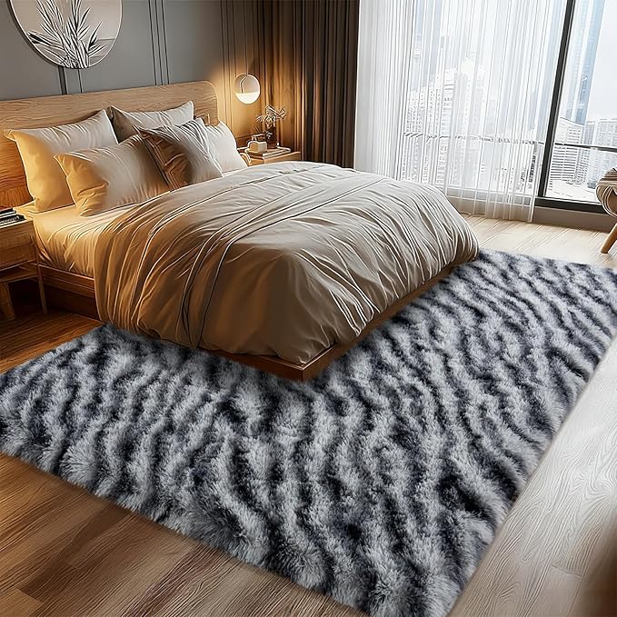 Fluffy Rugs for Living Room, 5x7 Ft Black White Zebra Shag Rugs for Bedroom Dorm Kids Room Nursery, Soft Non-Slip Modern Fuzzy Plush Carpet for Indoor Home Decor