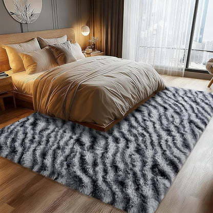 Fluffy Rugs for Bedroom Living Room, 4x6 Feet Zebra Black and White Shag Area Rug for Kids Girls Boys Dorm Nursery, Soft Non-Slip Modern Fuzzy Plush Carpet for Indoor Home Decor