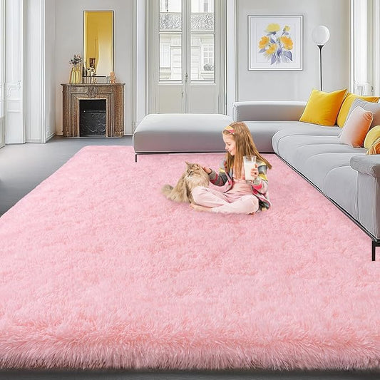 Large Rugs for Living Room 10x14 Pink Area Rug, Soft Fluffy Furry Plush Carpet for Bedroom Girls Kids Room, Non-Slip Indoor Floor Rug, Big Shag Throw Rug for Home Decor